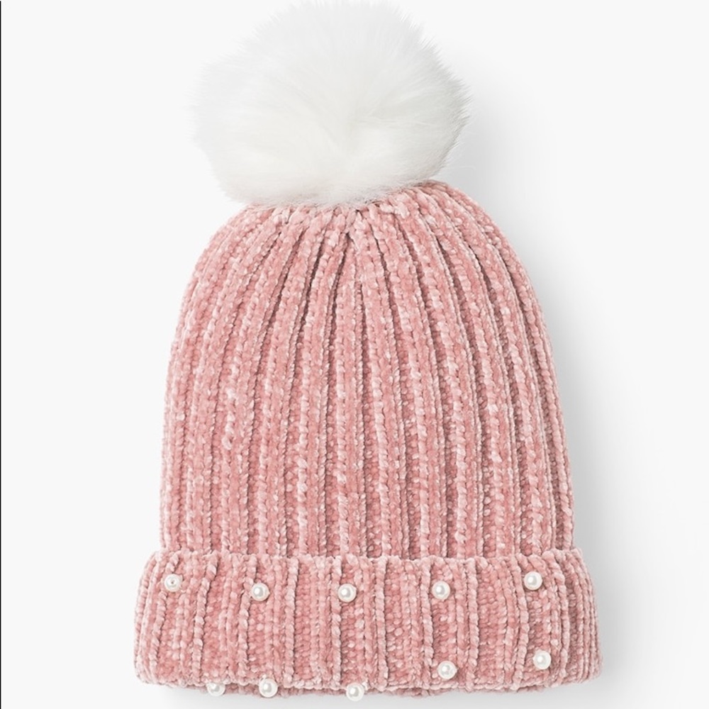 Chico’s blush Pom hat with pearl accents